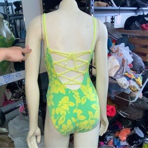 Vintage USA Made Cotton High Leg Swimsuit One Piece Lace Up Back Neon Small Tie